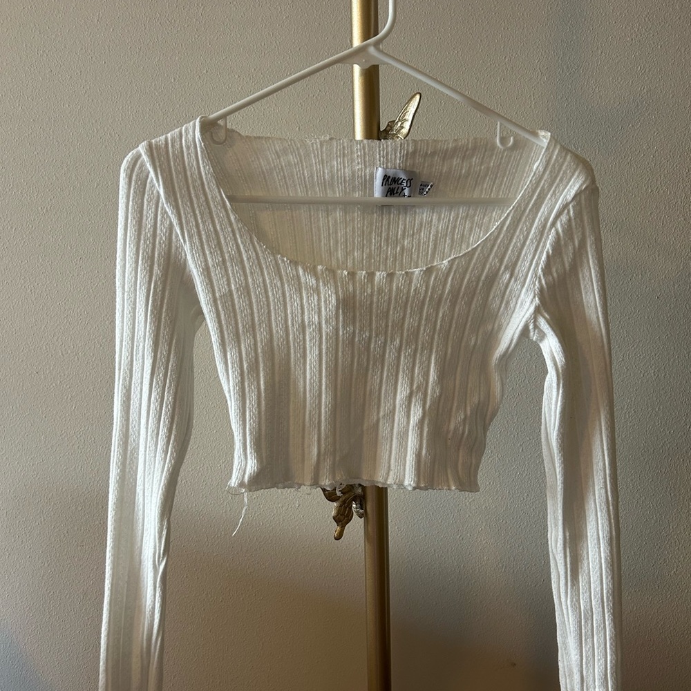 White Ribbed Off-Shoulder Crop Top - - Picture 2 of 4